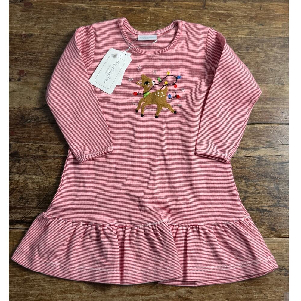 Squiggles by Charlie Stripe Reindeer Pima Cotton L/S Dress with Ruffle NWT 18mo